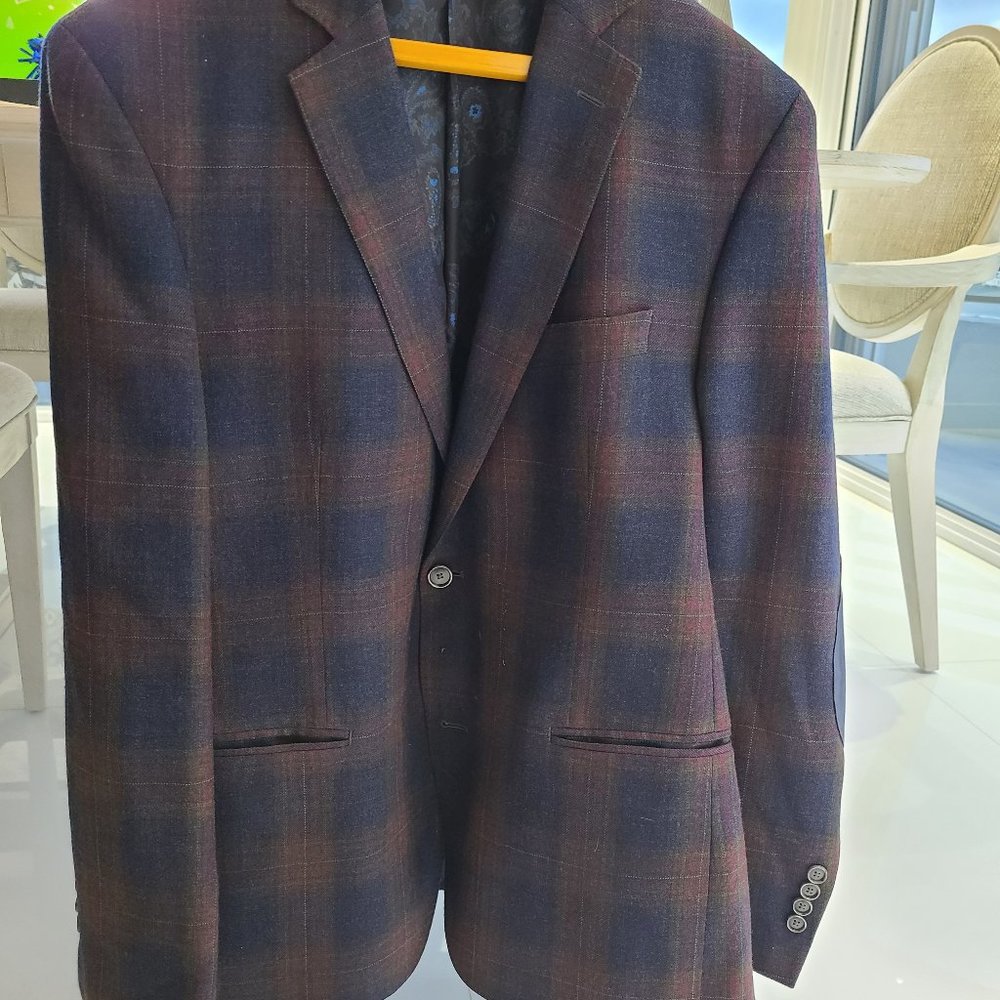 Macy's Tallia 100% Wool Plaid Red blue brown Sport Mens jacket Coat 42R